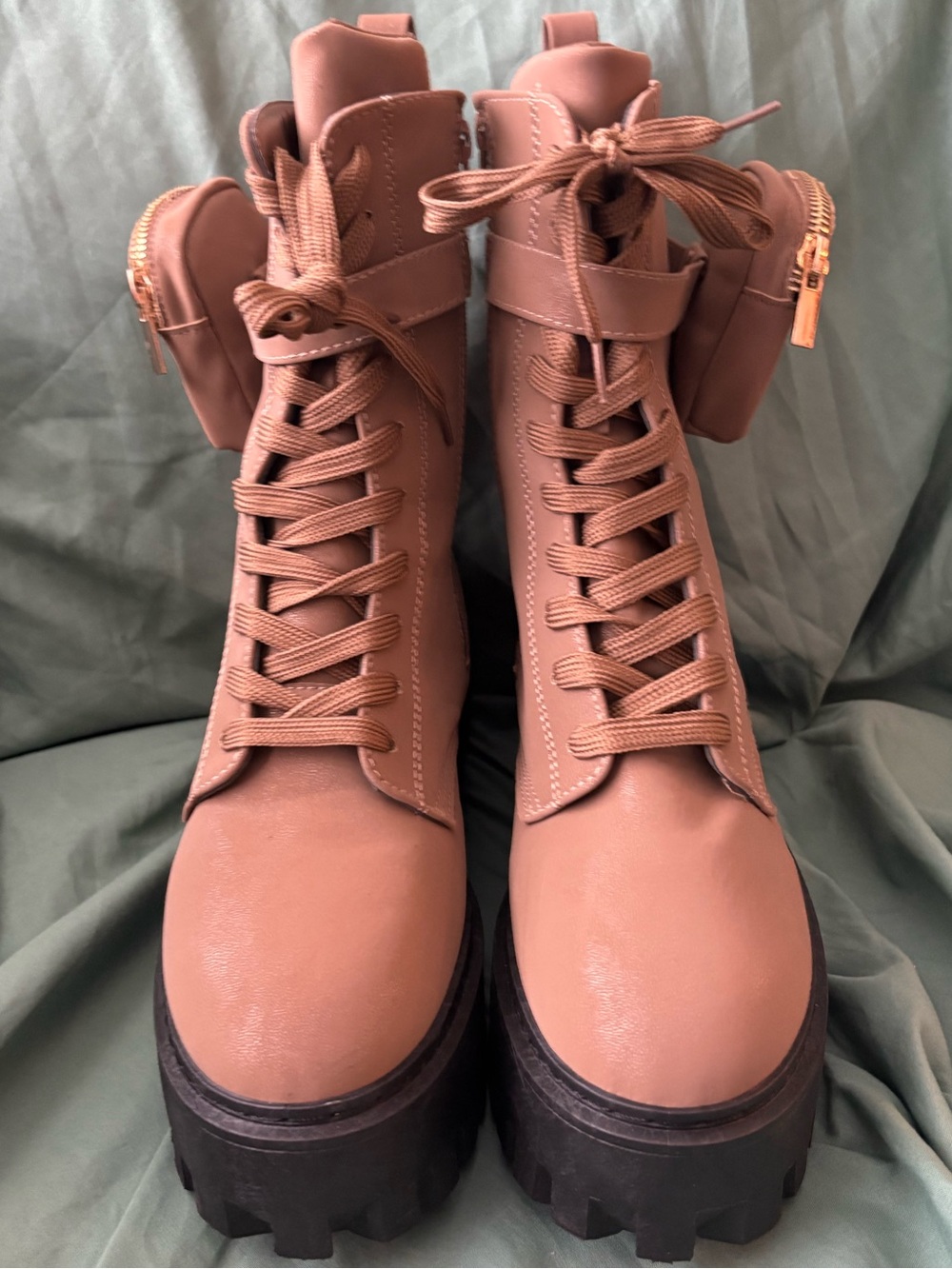 Rainbow Taupe Lace-Up Chunky Pocket Combat Boots